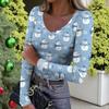 Women's Winter Slim-Fit Base Layer T-Shirt Fashionable Christmas Print V-Neck Pullover Long-Sleeved Top