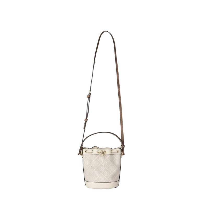 TORY BURCH T Monogram presbyopia printed drawstring jacquard fabric leather piping bucket bag shoulder crossbody handbag mini women's ivory 80534-254
