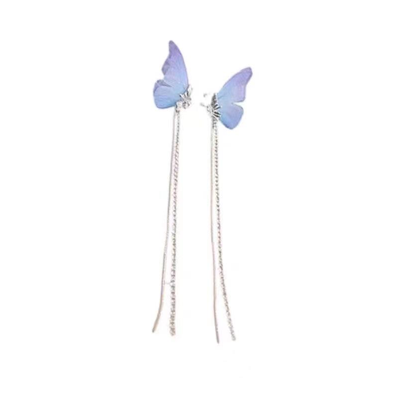 Blue & Purple Gradient Butterfly Fairy Tassel Ear Clip - No Piercing - Elf Style Earrings for Women