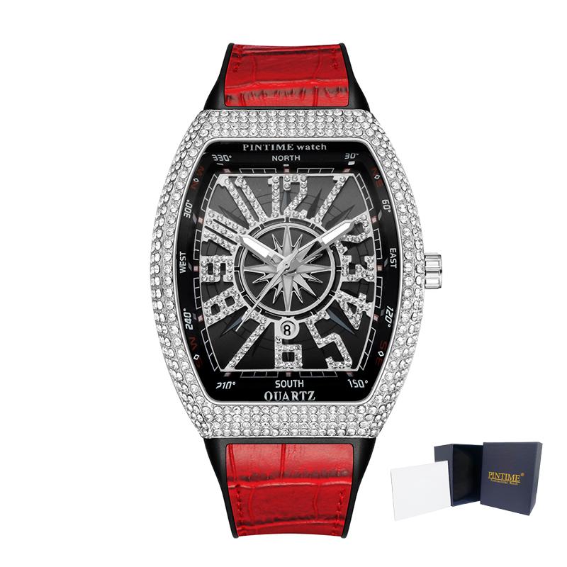 PINTIME Men's Luxury Tonneau Watch Shiny Metal CZ Case Rubber Strap Quartz Fashion Wristwatch Male Clock Relogio Gifts