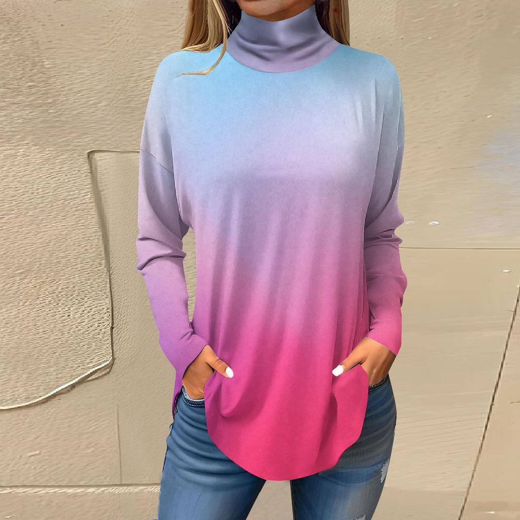 Футболки для женщин, осенние повседневные рубашки с длинными рукавами, толстовка с винтажным принтом, топ с высоким воротом, пуловер