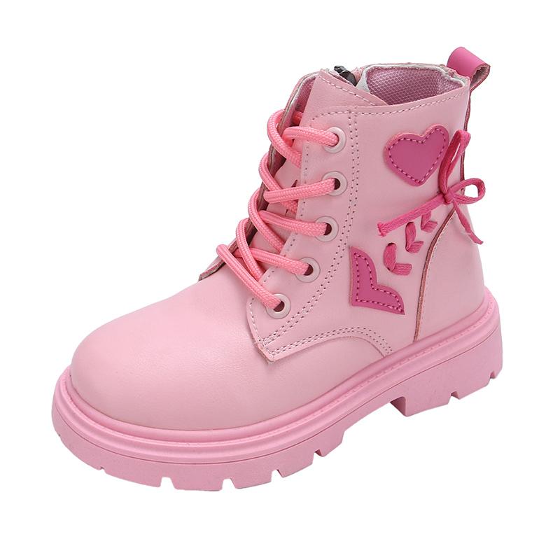 Children Fashion Boots Girls Ankle Boots Pink Elegant Zipper Cool Love Pattern Kids Princess Leather Boots Non-slip Size 26-37