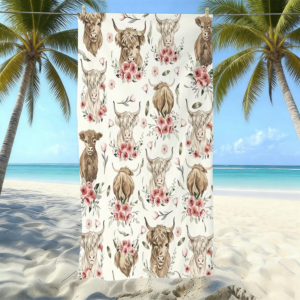 European And American Retro Highland Beef Printing Beach Towel Microfiber Thickened Water Absorption Quick Drying Outdoor Bath Towel