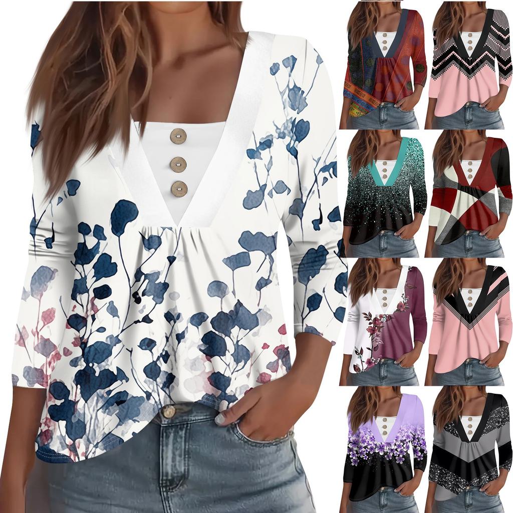 Women's Fashion Casual Long Sleeve Shirt Floral Printed Button V Neck Up Tops