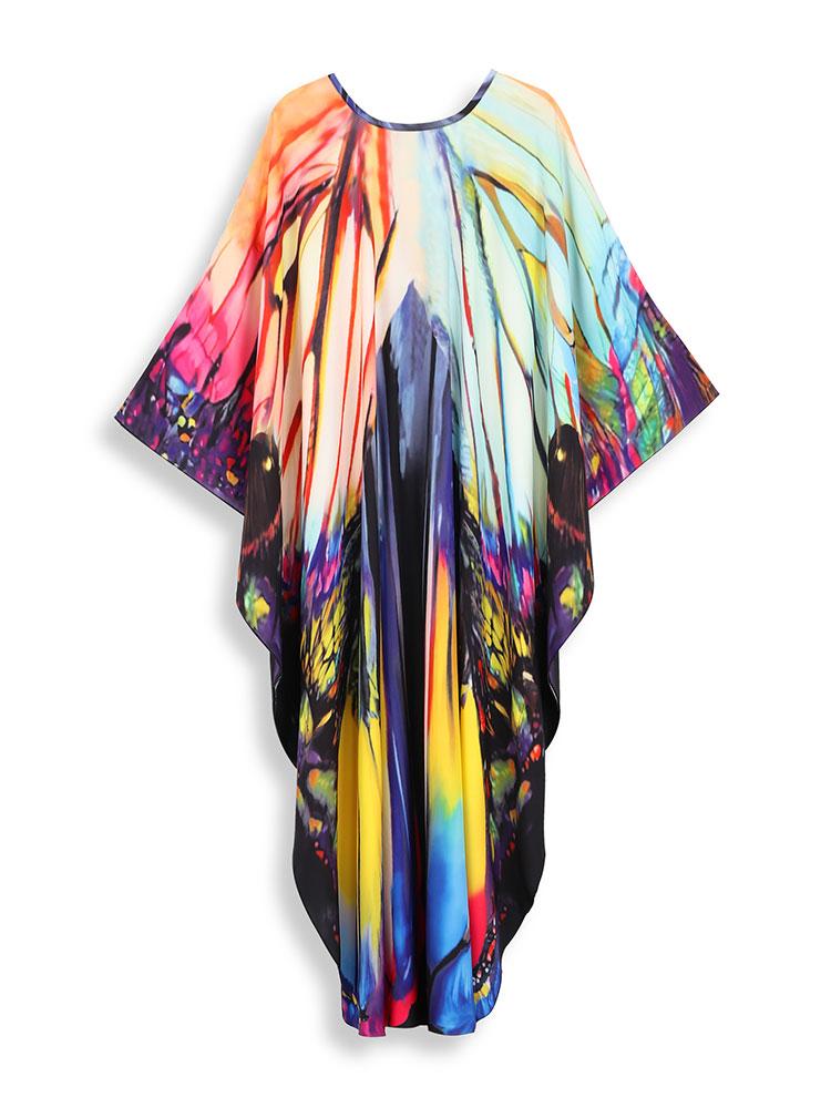 EDOLYNSA Plus Size Multicolor Printed Kaftan Dress For Women Outfit Boho Vacation V-neck Split Robe Summer Beachwear Swimsuit Cover Up Q1588