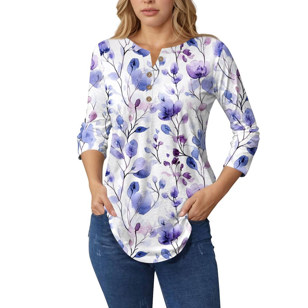 3/4 Length Sleeve Womens Tops Summer T-Shirts Floral Print V Neck Casual Basic Tee Button Shirts Tunic Tops