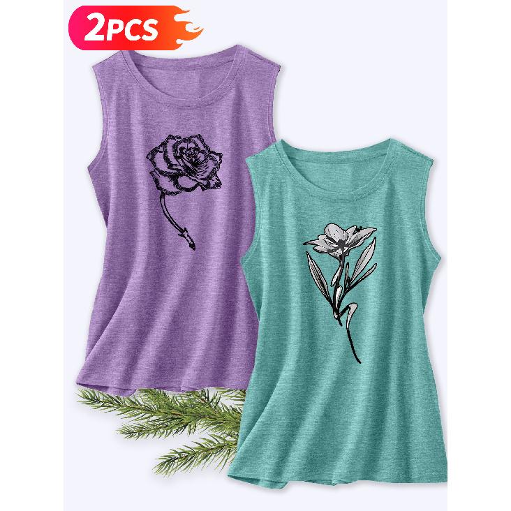 Follow a specific direction Two-piece women's vest set Rose and Fresh Flower Print Elegant Summer Party Outfits Sleeveless Vest Essential fashion