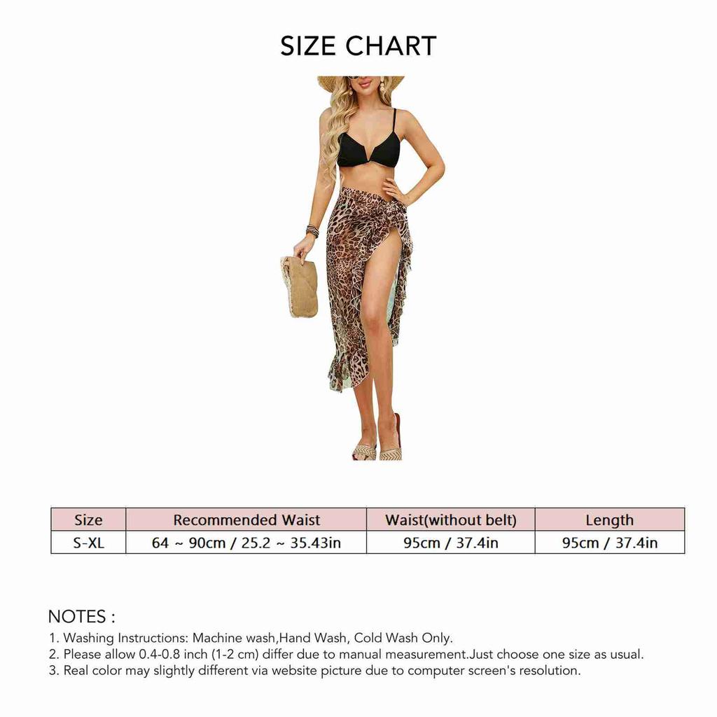 Women Beach Sarongs Sheer Waist Tie Sun Protection Large Coverage Ruffle Hem Swimsuit Wrap Cover Up Leopard Print Free