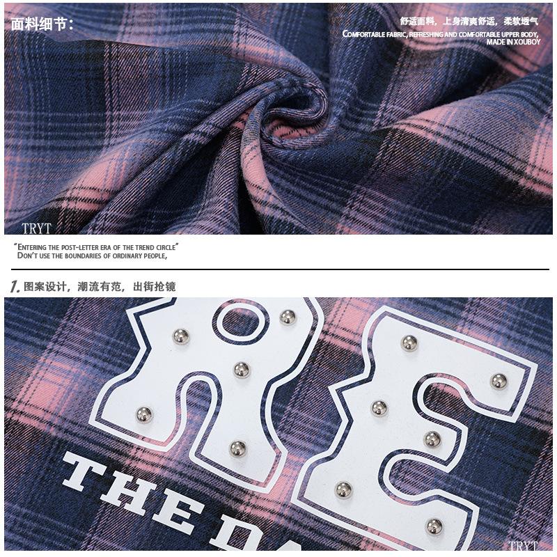 American retro beaded plaid short-sleeved shirt for men and women of the same style, loose summer trend, couple design pearl shirt