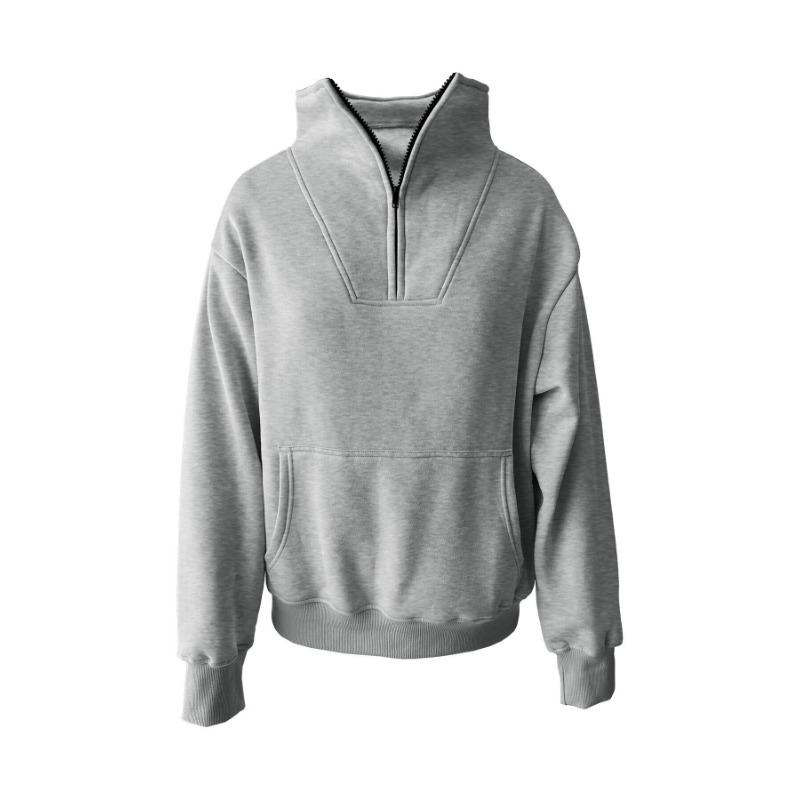 Autumn and Winter Standing Collar Solid Plus Size Sweatshirt Pocket Zip Women's Casual Loose Fleece Threaded Top