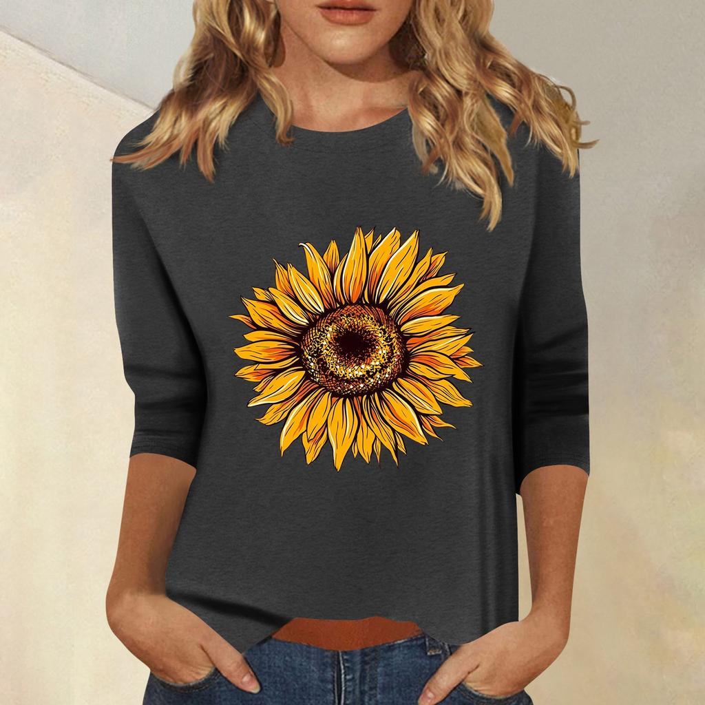 Женская мода повседневный принтованный топ с семью рукавами и круглым вырезом