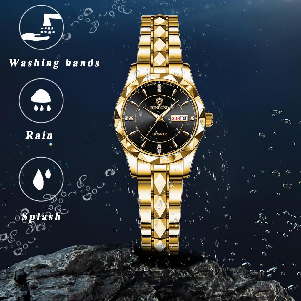 Часы золотые аналоговые простые с календарем дней недели 3ATM водонепроницаемые повседневные деловые женские часы с ремешком из нержавеющей стали на день рождественский подарок для женщин -