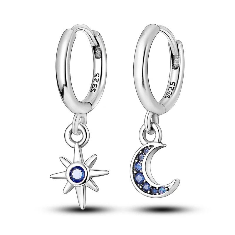 New 925 Sterling Silver Star Moon Earrings for Women Sparkling Zircon Ear Studs Luxury Romantic Fine Jewelry Gift for Girl