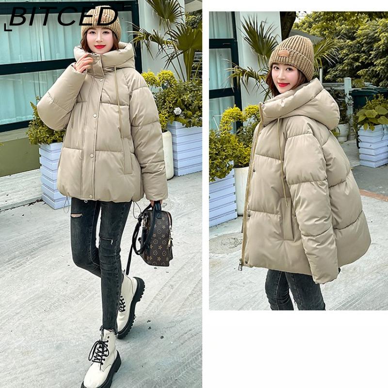 BITCED Plus Size Thickened Cotton Coat Women's Fall/Winter A-Line Loose Fit Puffer Jacket Warm Cotton-Lined Hooded Outerwear