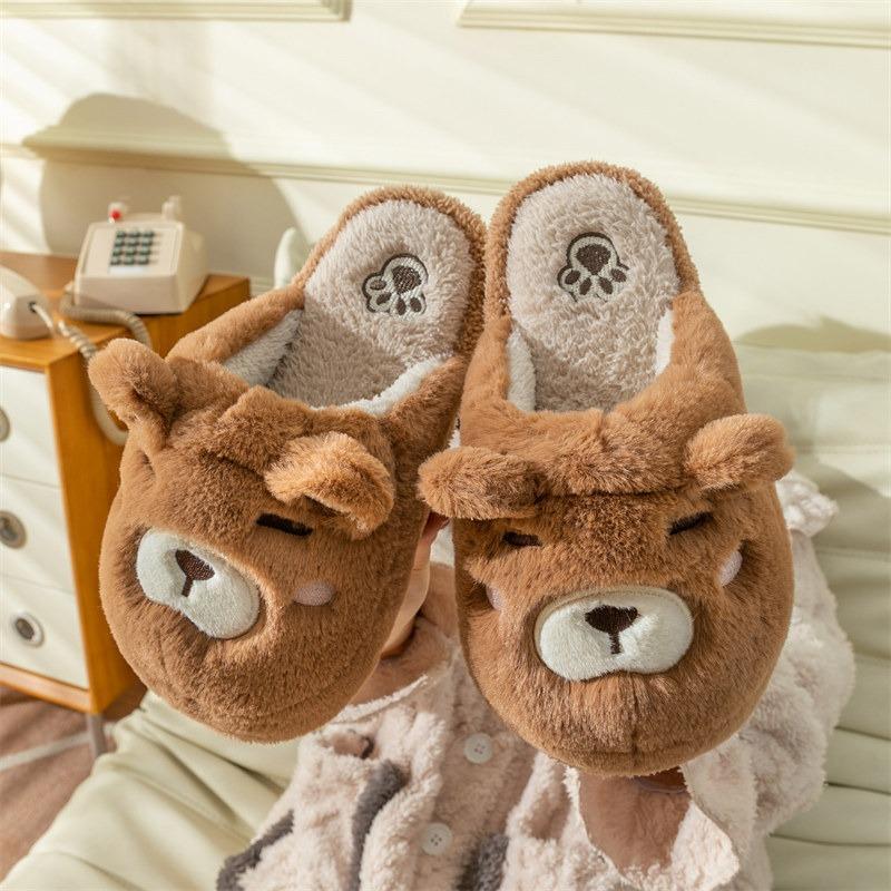 Unisex Cartoon Plush Slippers Women Men Autumn Winter Warm Thick Flannel Home Cotton Shoes Couple Cute Bear Slippers Indoor Boot