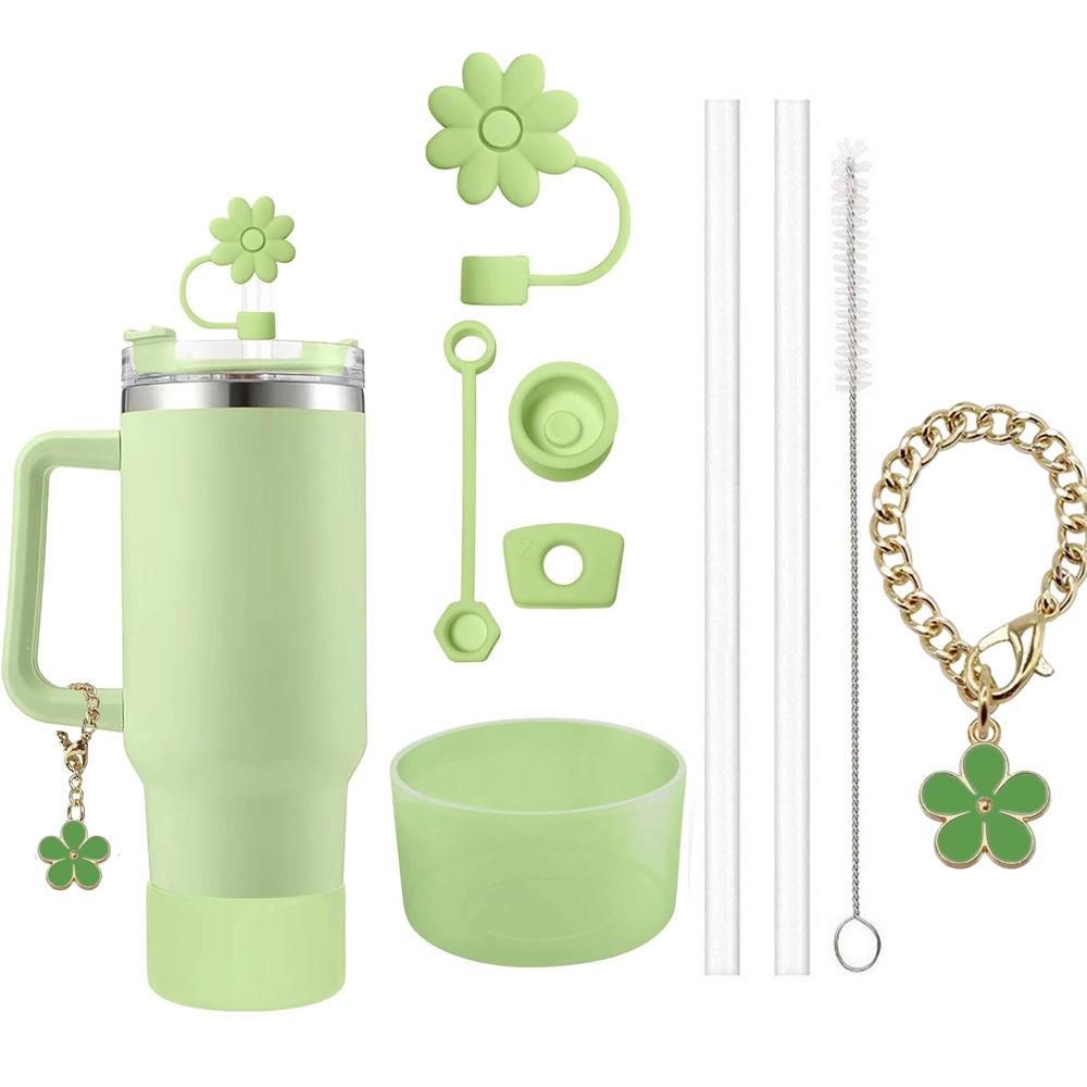9pcs Accessories Set 3 Spill Proof Stopper Flowers Straw Cover Boot 2 Straw and Brush and 1 Flower Charm Chain for Cup