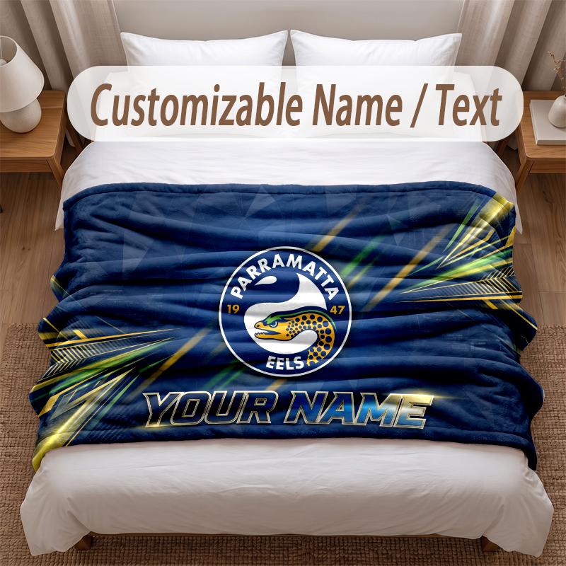 Parramatta Eels Printed Flannel Blanket Custom Name Text Soft Warm Throw For Bedroom Holiday Gift