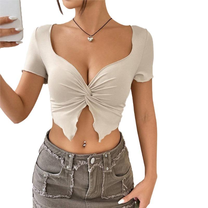 Новый дизайн Sense Chest Twist Плиссированный глубокий V-образный короткий топ