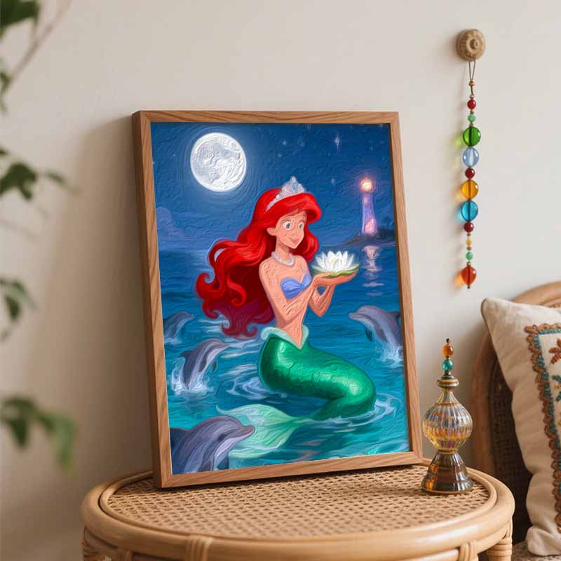 Disney digital oil painting diy oil painting mermaid ocean moonlight hand painting living room bedroom decoration painting