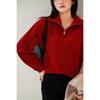 2025 Red Wool Zip-Up Collar Knit Pullover for Women - New Year Collection