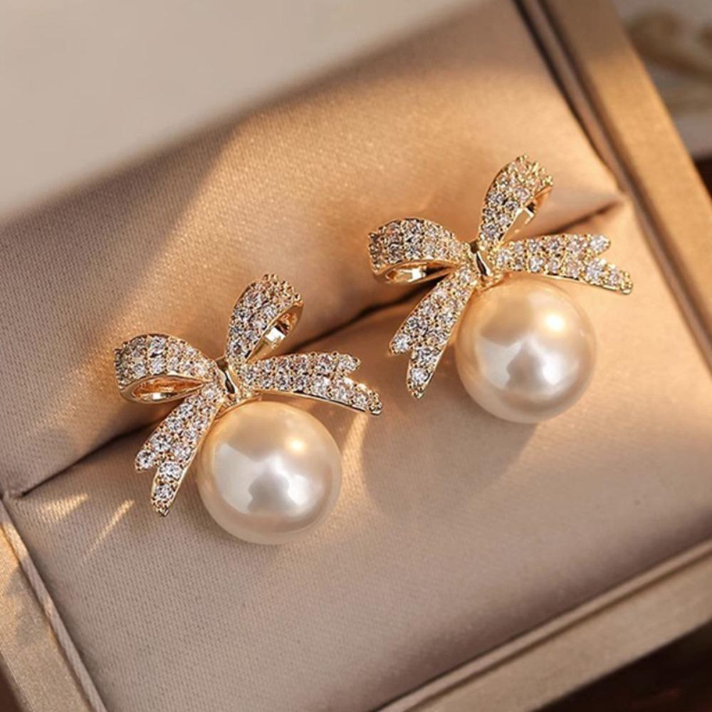 Jewelry Accessories Bow Pearl Ear Studs Bowknot Bow Pearl Ear Hook Bow Pearl Earrings  Lady/Gifts