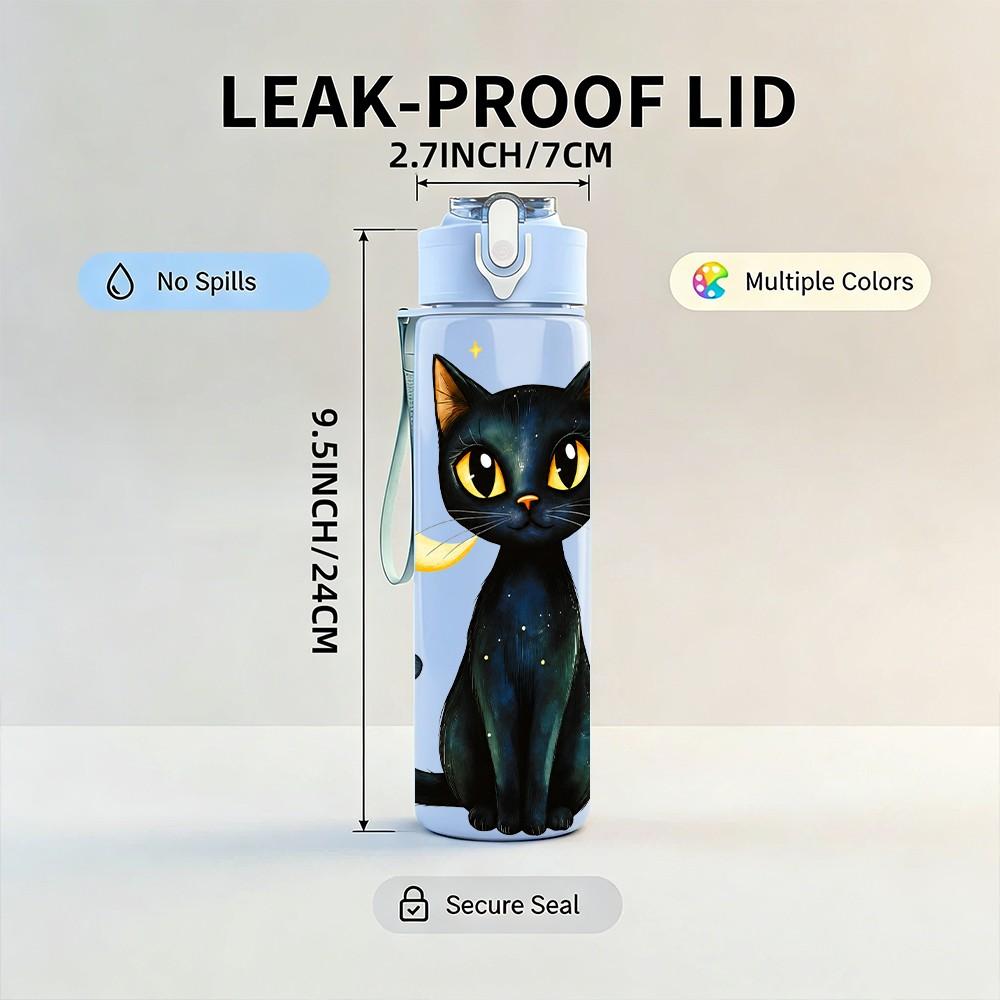 1PC Night Moon Black Cat 750ml Color Plastic Sports Water Bottle Leakproof Flip Straw Lid Suitable for Sports Office Home Use