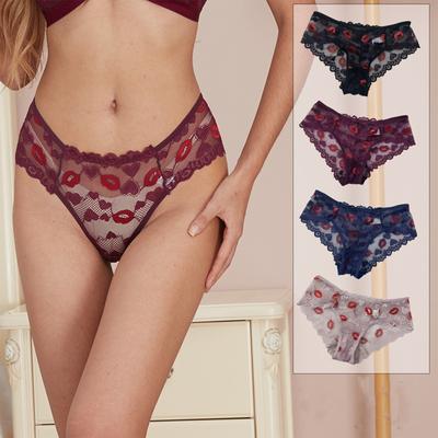 Женское кружевное нижнее белье с принтом губ, приподнимающее ягодицы, с тонкой вышивкой