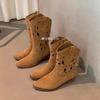 Spice Girls Hollow Western Cowboy Boots 2025 Summer Embroidery Thick Heel Mid Tube Short Boots Vintage Pointed Fashion Spring Summer
