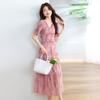 Summer New Fashion Pleated V-neck Floral Thin Temperament Elegant Pendulum Dress