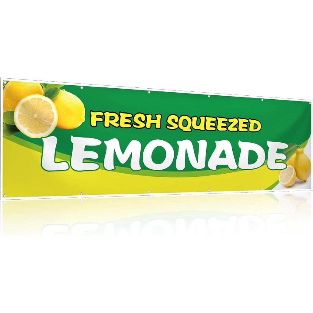 2 x 10 ft Lemonade Sign Vinyl Banner Fresh Squeezed Lemonade Stand Supplies Lemon Flag for Indoor Outdoor Business Restaurant Advertising Banner