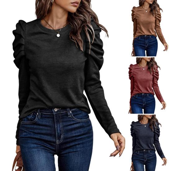 Женская верхняя рубашка с круглым вырезом, сплошной цвет, пуловер с пышными рукавами, повседневная одежда, свободная футболка с длинным рукавом, офисная пригородная одежда, женская одежда
