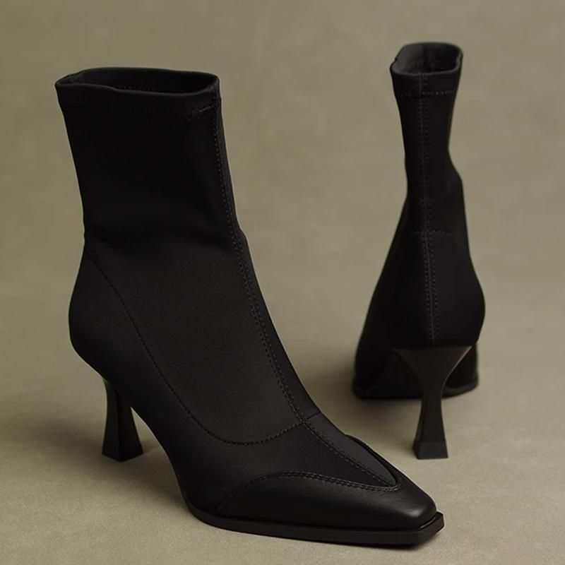 High Heels Women Pointed Toe Leather Ankle Snow Boots Dress Fashtion Sexy Boots Women 2024 Trend New Winter Cozy Chelsea Boots