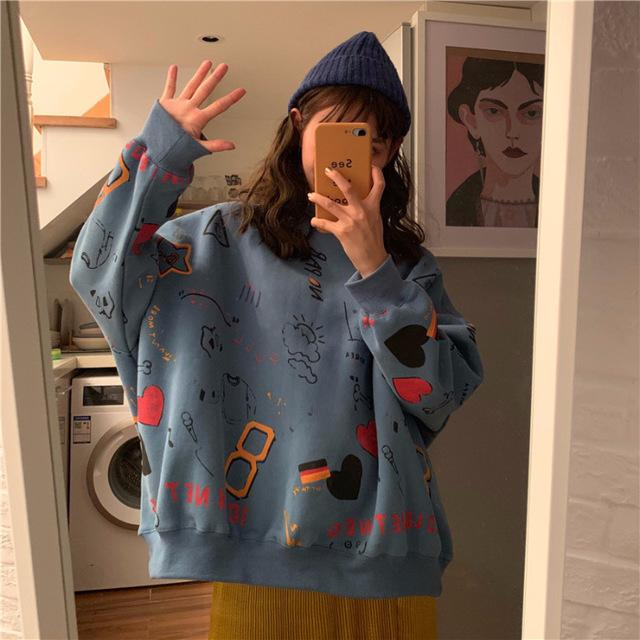 Осенне-зимняя корейская версия свободного пуловера с длинными рукавами и принтом граффити в стиле ретро, ​​женская повседневная универсальная куртка