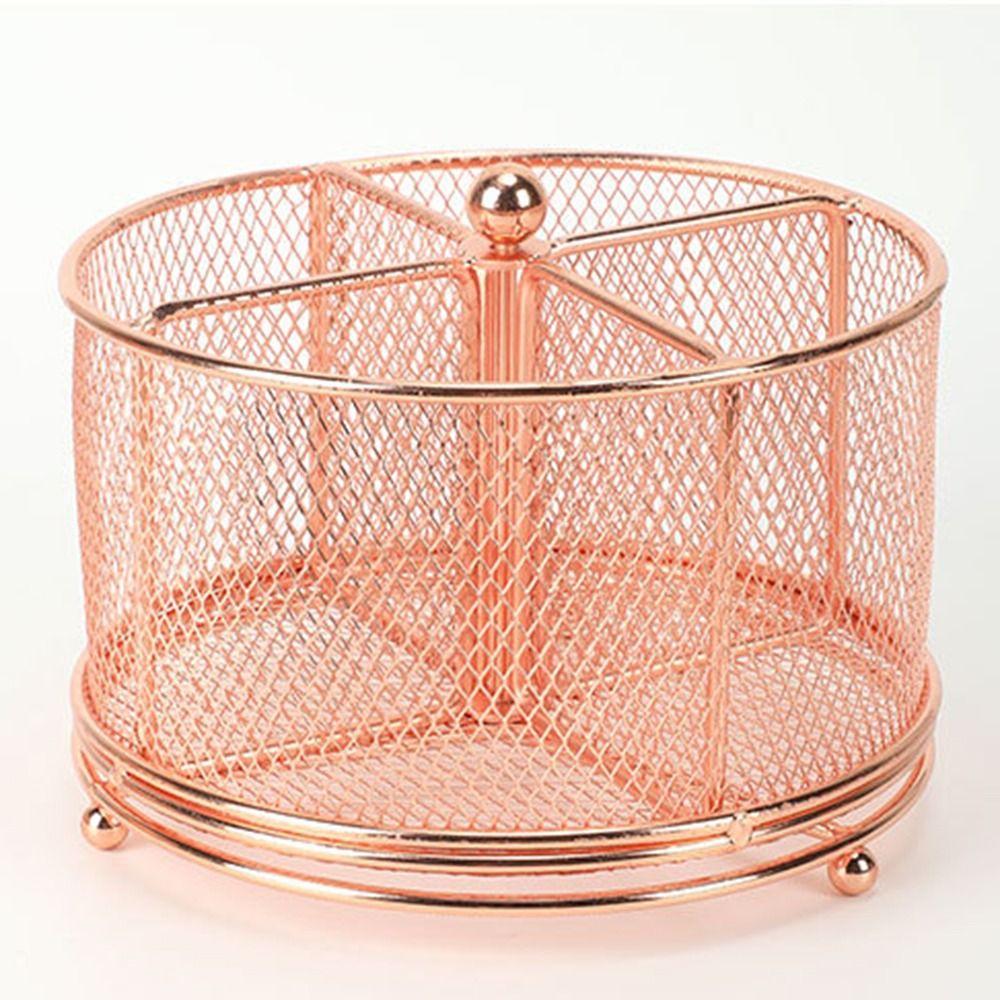 Metal 360° Rotating Mesh Pencil Holder 4 Compartments Creative Makeup Brush Storage Bucket Smooth Multi-Purpose