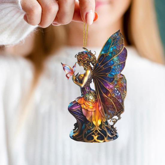 Halloween Pendant Acrylic Witch Fairy Hanging Ornaments Colorful Butterfly Wings Pendant for Car Bag Halloween Decor