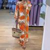 Women's Fashion Printed Dress Temperament Commuter Style V-Neck Long Sleeve Split Comfortable Dress Long Dress