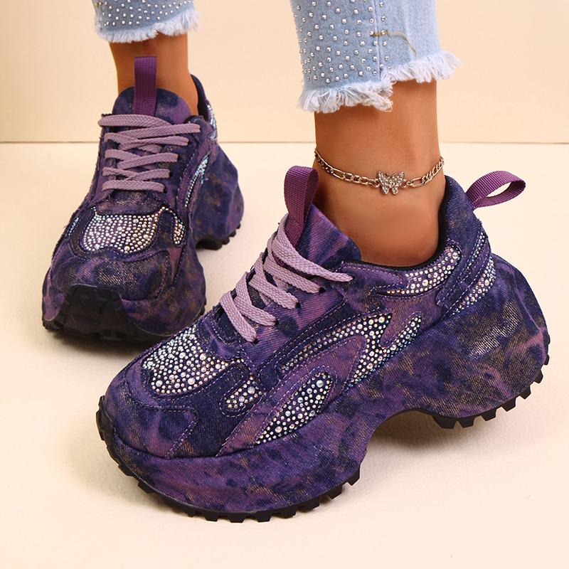 Мода Мода Стразы Массивные Кроссовки Женские Синий Деним Толстая Подошва Шнуровка Спортивная Обувь Женская Большой Размер Нескользящие Кроссовки на Платформе