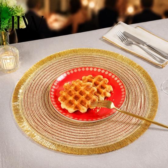 Thermal Insulation Table Mat Christmas Round with Tassel, Heat Resistant PP Placemat, Waterproof Protectors Decorative for Holiday And New Year Party