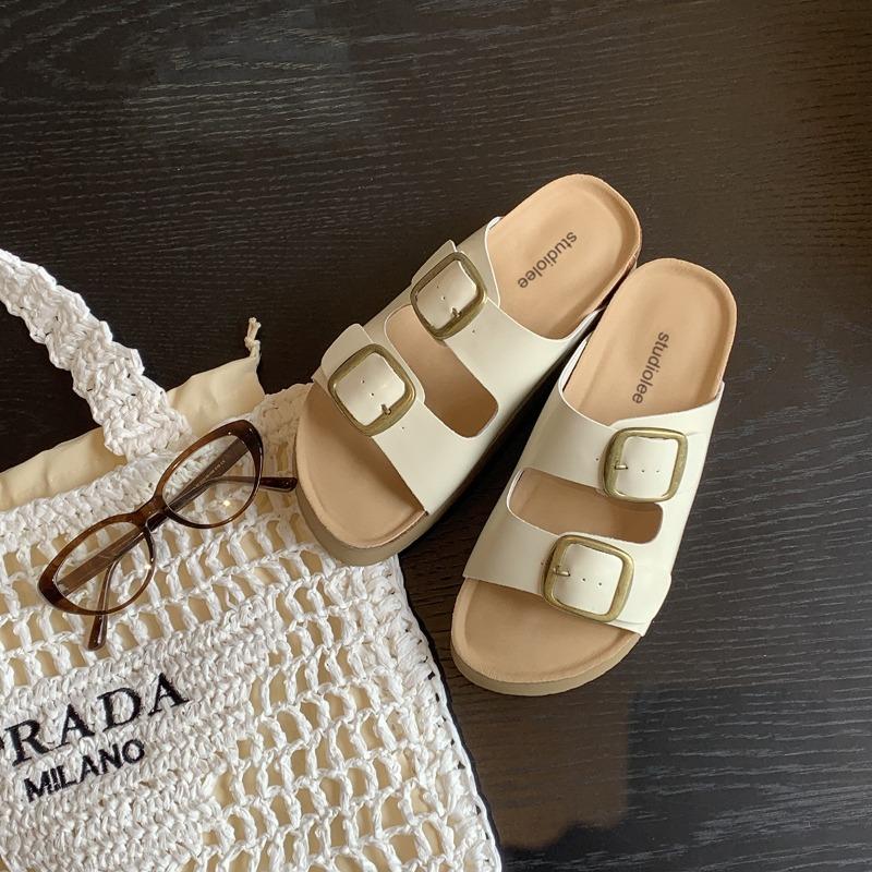 ~ Retro Double Buckle Belt Outer Wear Thick Bottom Heightening Beach Slippers Summer Outer Wear Women