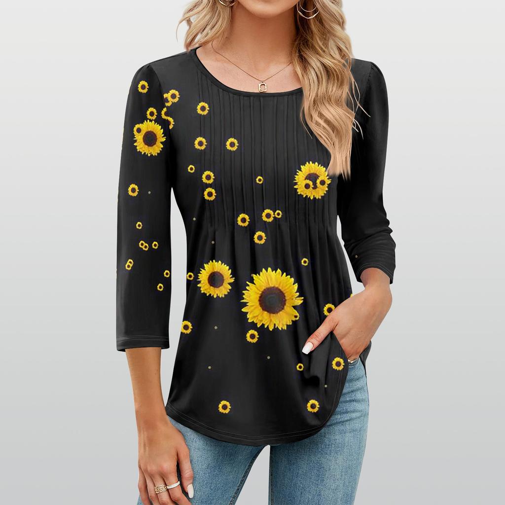 Рубашки с рукавом 3/4 для женщин, модные, повседневные, с круглым вырезом, с принтом, футболка, топ