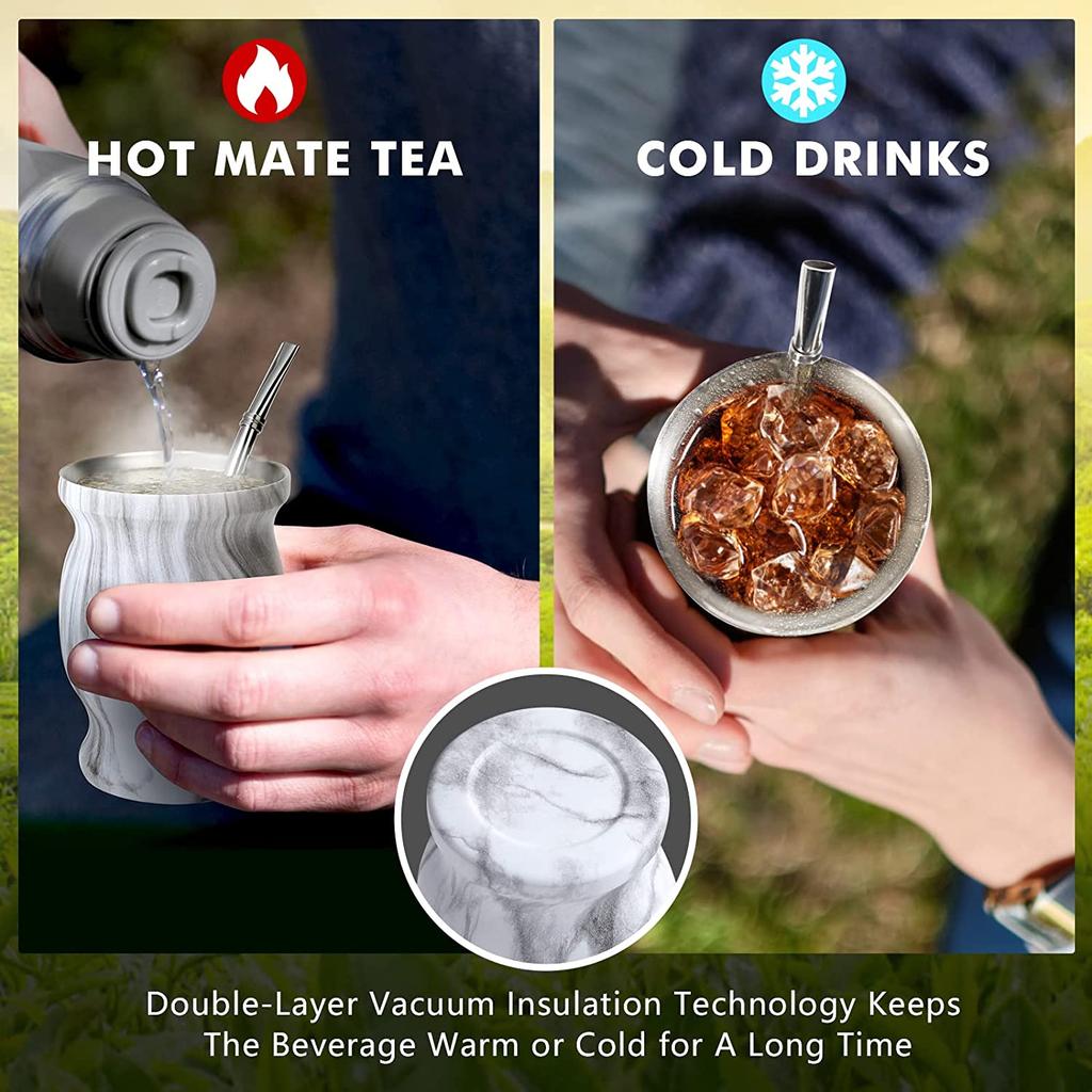 Yerba Mate Натуральный набор из тыквы/чашек для чая с крышкой (Оригинальная традиционная чашка для мате - 230 мл) | Включает 2 бомбильи (Соломинки для Йерба Мате)