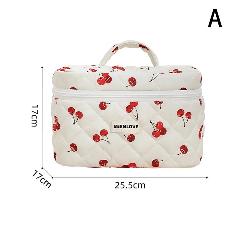 1Pc Cherry Printing Makeup Bag Quilted Makeup Bag Large Flower Makeup Bag Women'S Cotton Makeup Bag Flower Travel Wash Bag