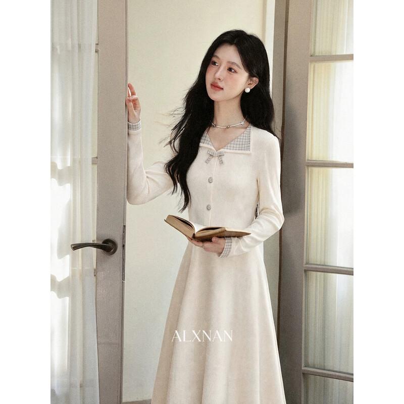 Luxiangnan Women's Autumn Beige Long-Sleeve A-Line Dress
