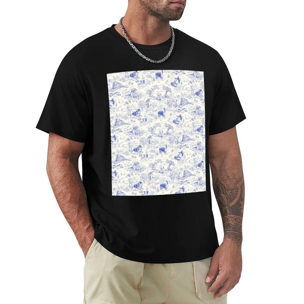 Country Dogs Toile With Collie, Aussie And Jack Russell Terrier In Blue And White T-Shirt Anime Oversized T Shirt Men