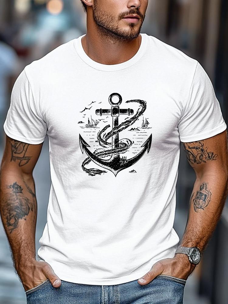 Unisex Retro Anchor Sailboat Sea Ocean Pattern Print Crew Neck Short Sleeve Oversized Loose Casual Summer Streetwear Basic Soft Tee