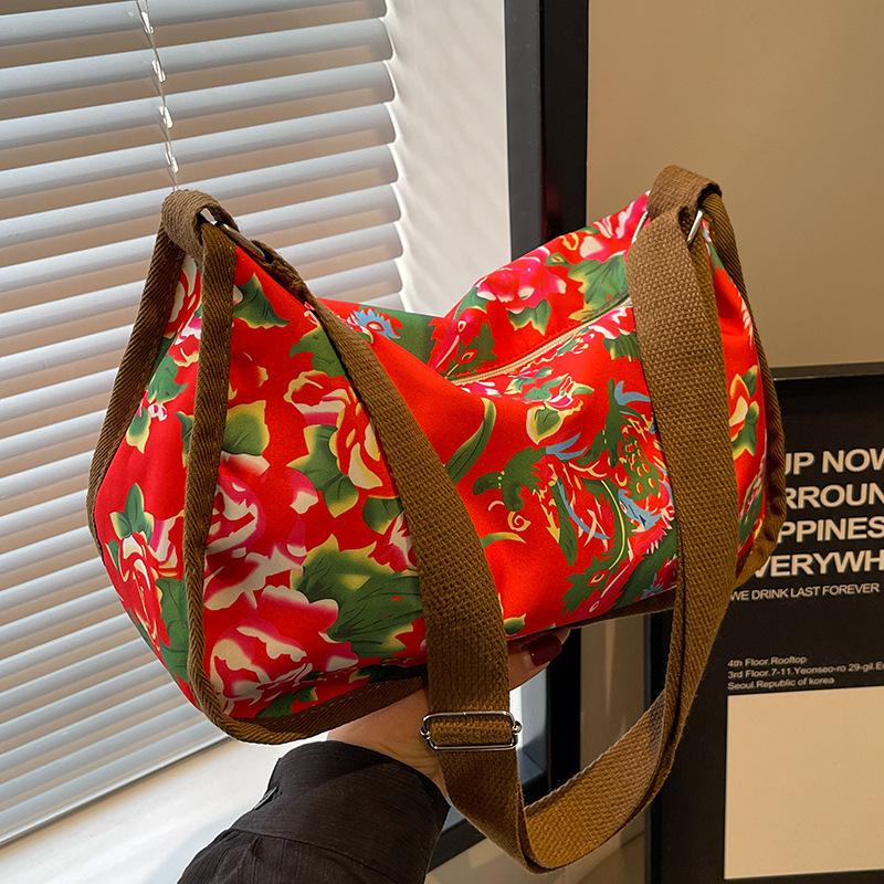 Северо-восточная большая холщовая сумка с цветочным принтом, женская новая повседневная сумка через плечо для женщин, корейский стиль, универсальная сумка через плечо с широким ремнем для женщин