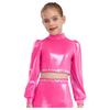 Girls Jazz Dance Top Mock Neck Long Sleeves with Invisible Zipper Back Shiny Rhinestones Metallic Dancewear