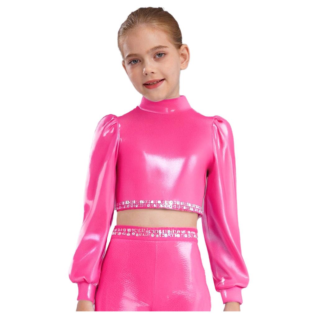 Girls Jazz Dance Top Mock Neck Long Sleeves with Invisible Zipper Back Shiny Rhinestones Metallic Dancewear
