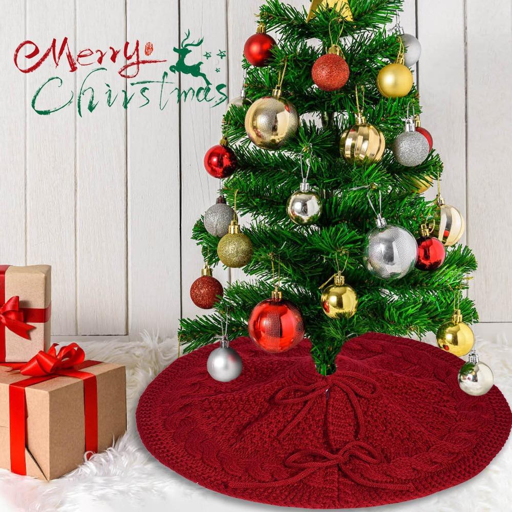 Household 18 in Knitted Christmas Tree Skirt Red/White Round Christmas Tree Mat Polyester Christmas Tree Carpet Shopping Mall