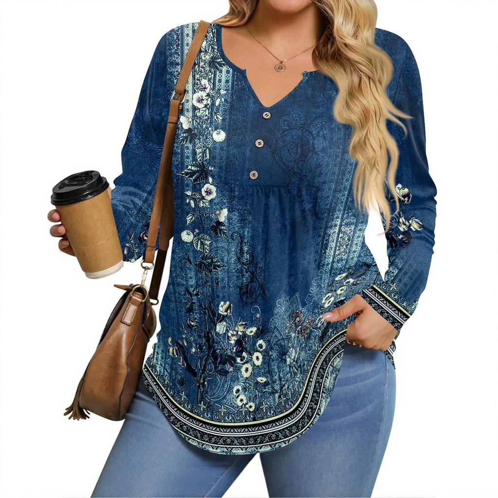 Womens Plus Size Long Sleeve Shirts V Neck Tunic Tops Basic Loose Fit Tee Tops